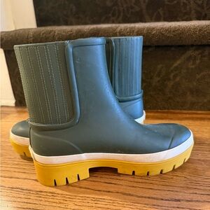Tory Burch rain boots - hunter green, white, and yellow